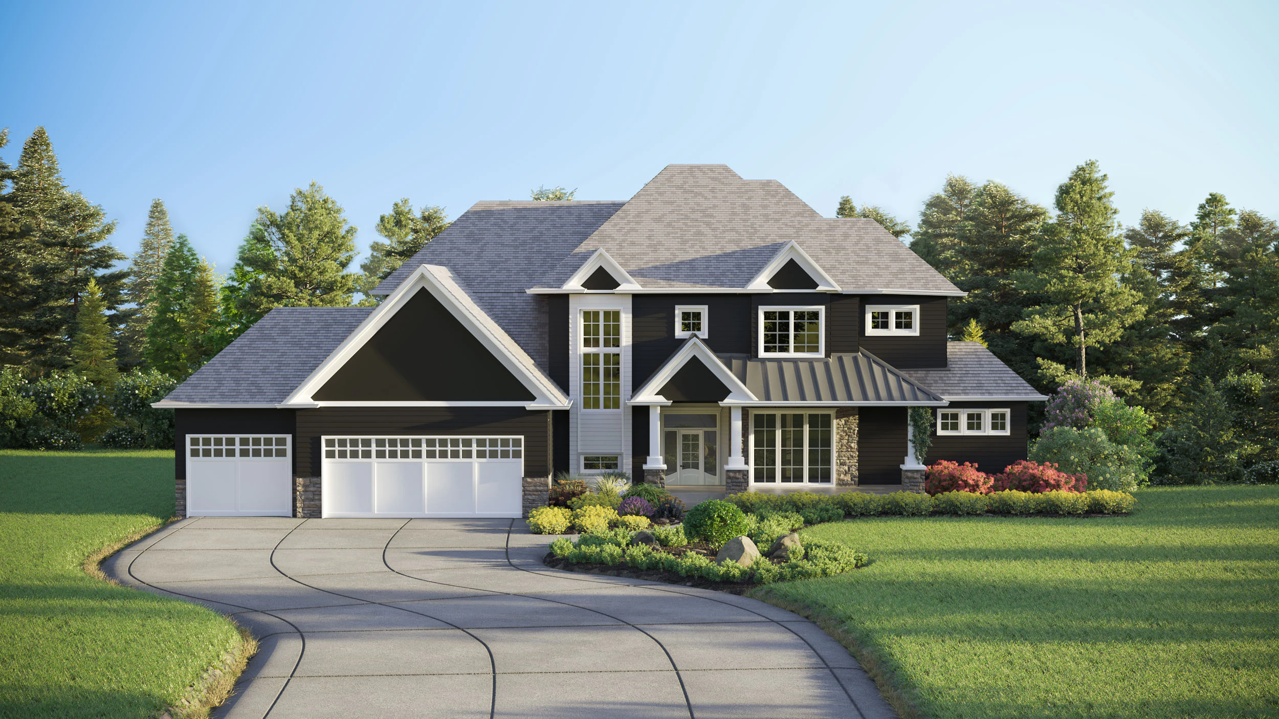 Architectural Rendering of modern two-story house with dark siding, white trim, multiple gables, a three-car garage, and large windows is beautifully showcased in this exterior rendering, set amid landscaped yards and tall trees under a clear sky.