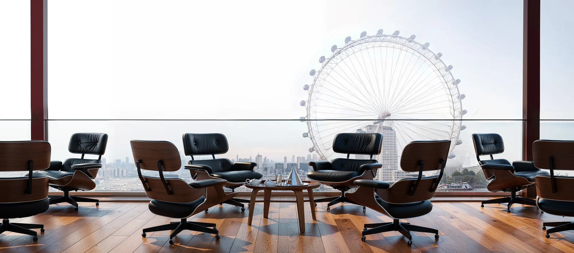 Luxurious lounge interior with Eames-style chairs and London Eye view – 3D rendering services