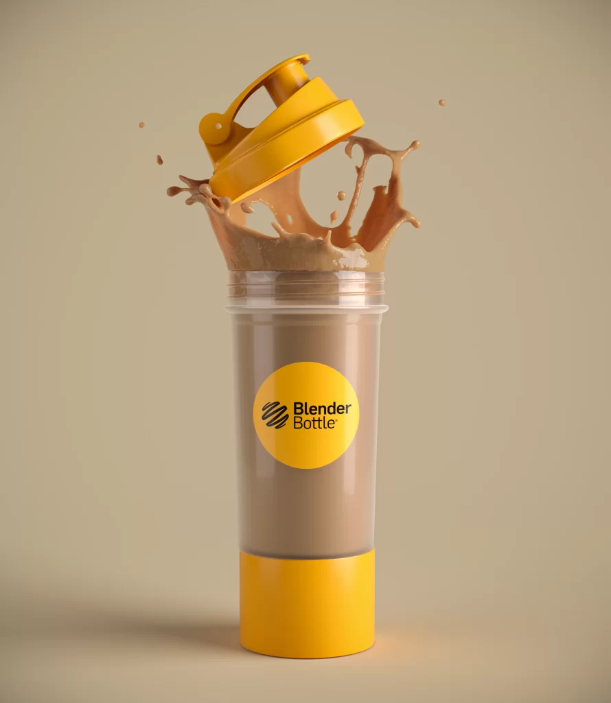 3D rendered image of a protein shaker with a dynamic liquid splash