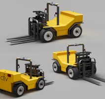 360-degree interactive image of a forklift displaying its engine, controls, and safety features. Title: