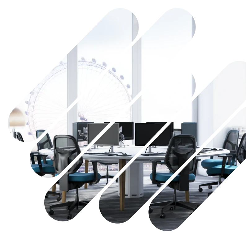 A modern office with empty chairs and computer monitors around a circular desk, large windows revealing a Ferris wheel. Parts of the image are obscured by a jagged, diagonal cutout effect, highlighting expert interior rendering services.