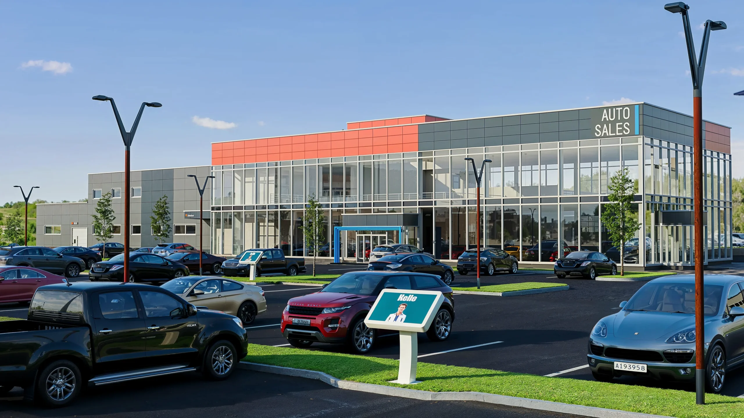 Blog 146 A modern car dealership with a glass facade, several parked cars in front, digital information kiosks, and streetlights under a clear blue sky—expertly captured through professional exterior rendering and architectural rendering services.