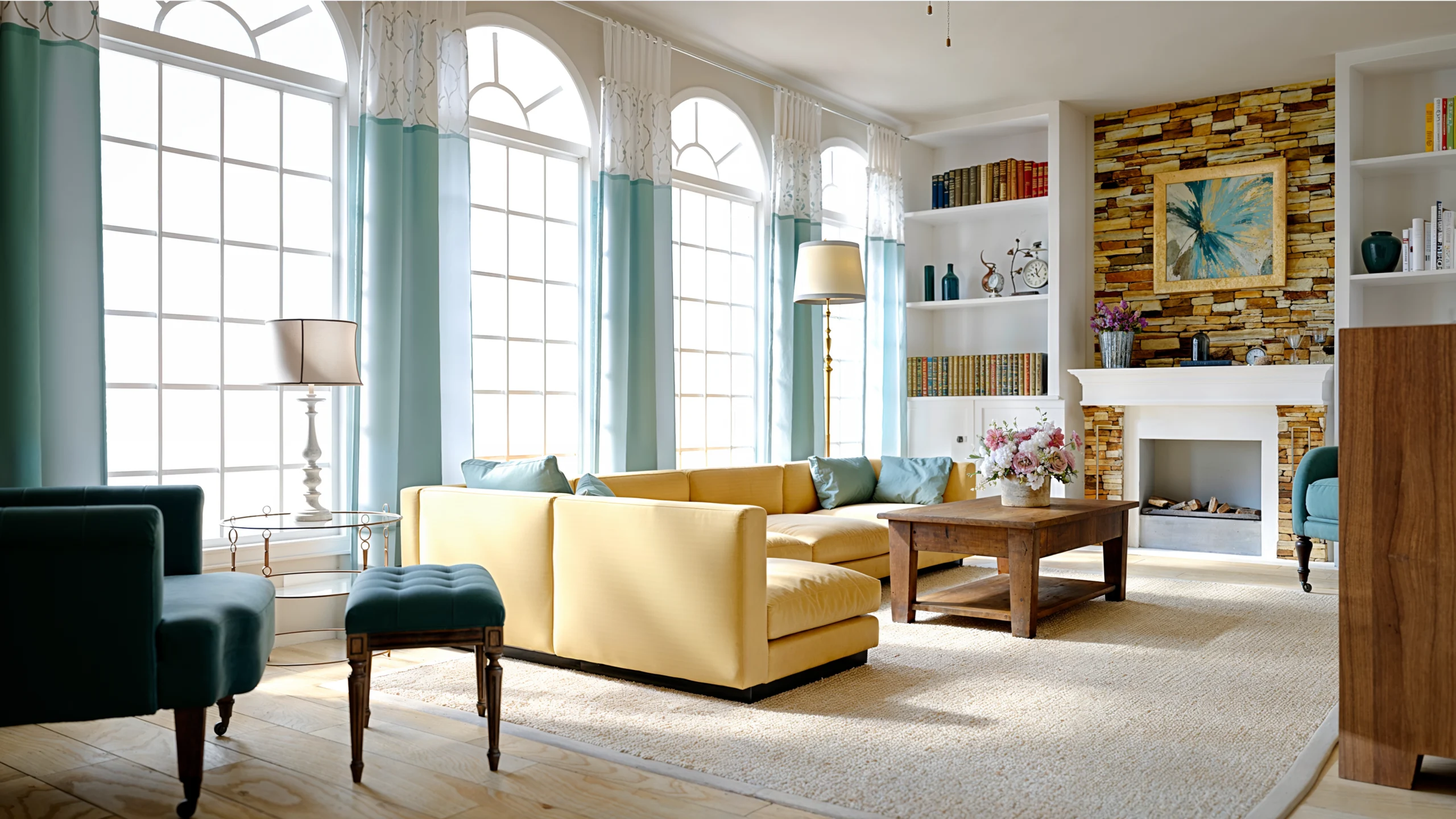 A bright living room with large arched windows, yellow sofas, turquoise chairs, a wooden coffee table, built-in shelves, and a stone fireplace can be beautifully showcased using 3D furniture rendering to highlight every detail and the natural sunlight.
