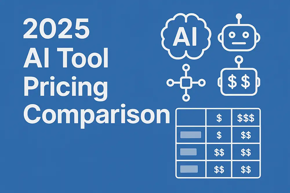 A blue graphic with white icons and text reads 2025 AI Tool Pricing Comparison. It features outlines of robots, an AI cloud, network nodes, and a table comparing prices for the best AI tools for interior design with dollar signs.