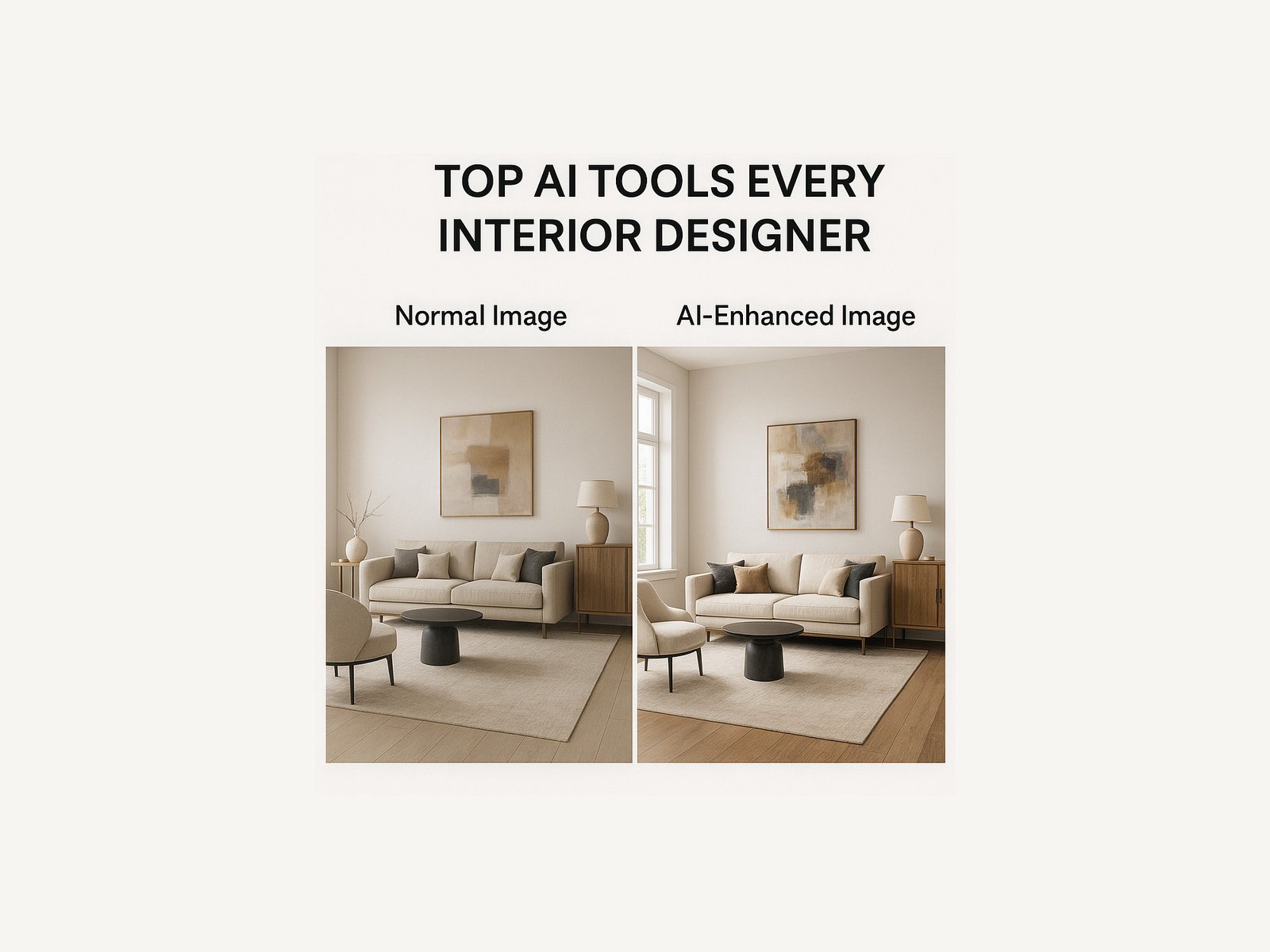 Comparison of a normal 3D interior design rendering and an AI-enhanced image, showing improved color, texture, and