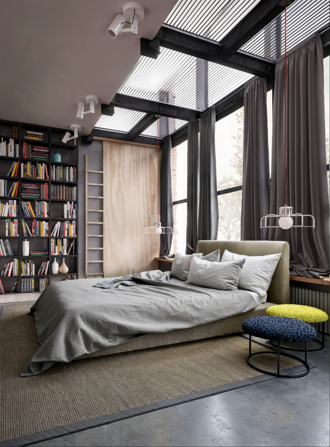 Photorealistic 3D bedroom interior rendering showing a modern real estate space with warm ambient lighting, plush bedding, and natural wood accents