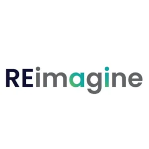 The image displays the word REimagine in a modern, sans-serif font. The letters RE are in dark blue, while the rest of the word transitions from gray to teal shades. The background is white.