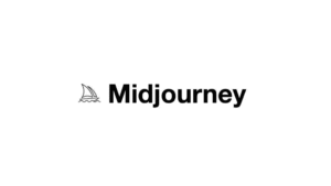 The image shows the Midjourney logo with a simple sailboat icon on waves to the left, followed by the word Midjourney in bold black text on a plain white background.
